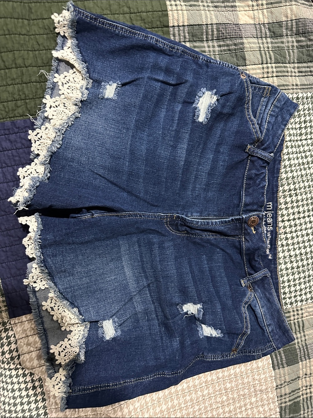 Maurices Dark Blue Denim Shorts with Cream Lace Trim